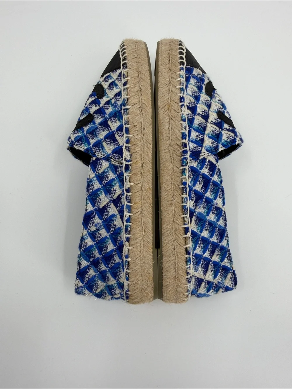 Blue and White Tweed Espadrilles with Black Cap Toe